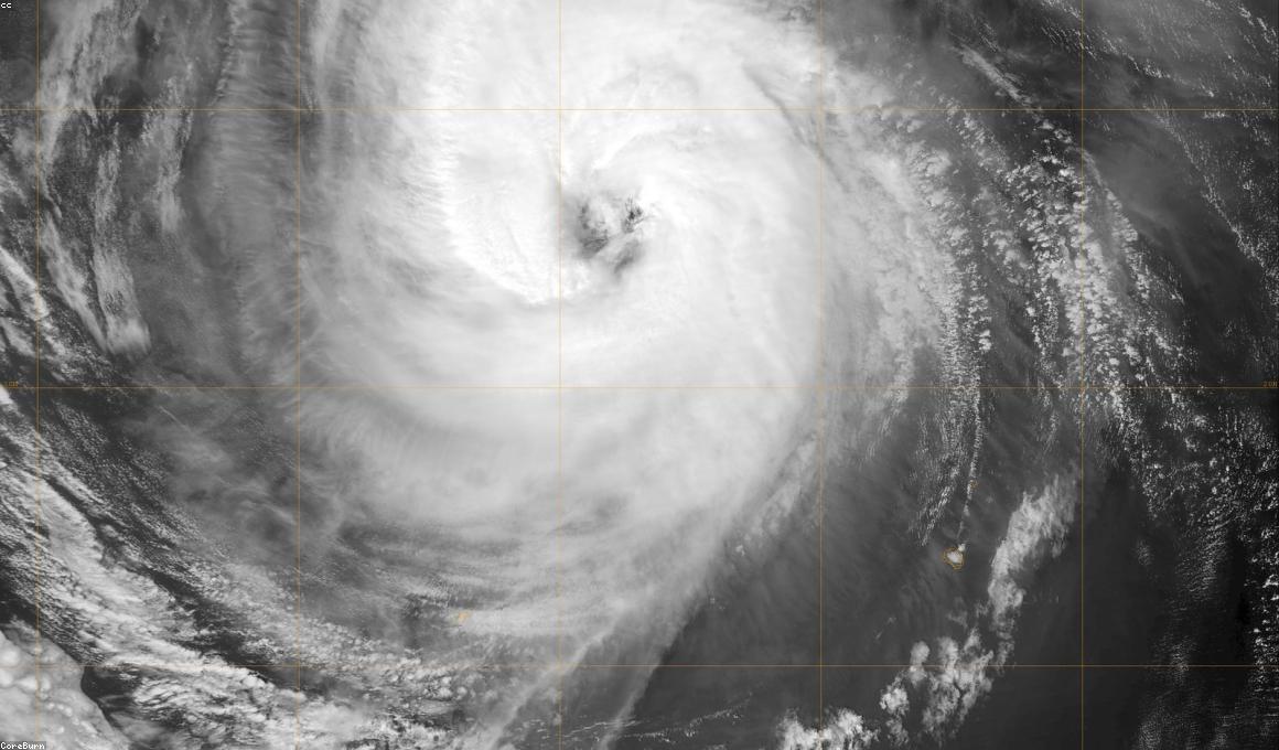A satellite image of a large storm system over open water