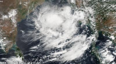 A satellite image of a large storm system over open water